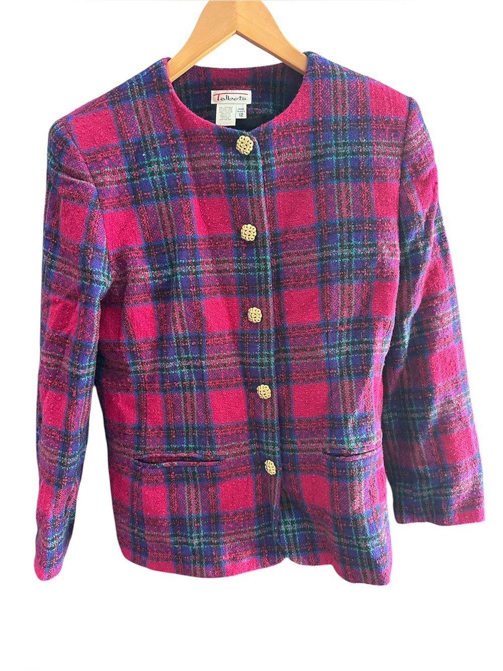 Talbots Wool Plaid Jacket Blazer Pink Blue Teal Gold Buttons Size 12
